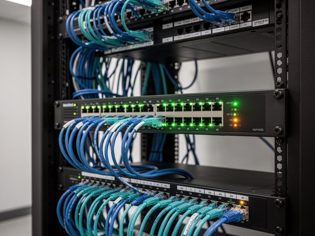 Illustrative business network switch with Ethernet patch cables and illuminated green and amber activity lights